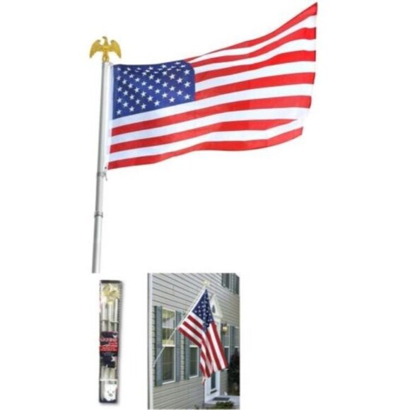 Large Outdoor American Flagpole Set 5Ft x 3FT Flag +  6FT Pole + Brackets NEW - Picture 1 of 6